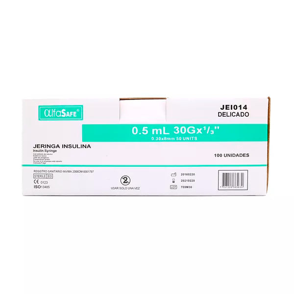Jeringa Alfa Insulina 0.5 Mililitros 30Gx1/3(8Mm) 100 Unidades