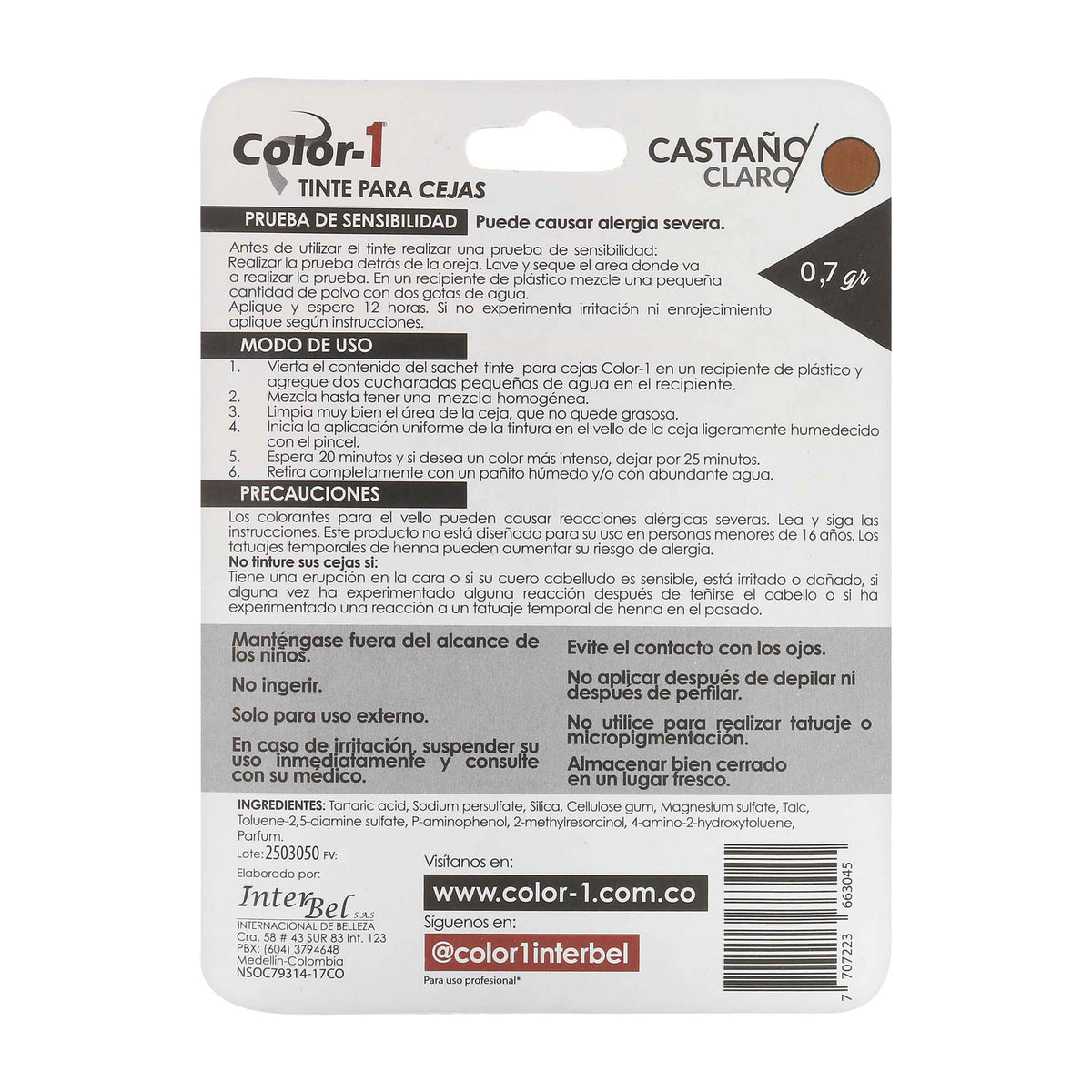 Tintura para Cejas Color 1 Castaño Claro