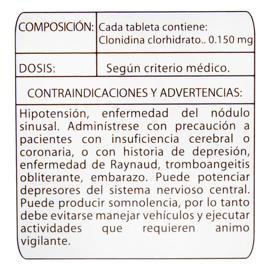 CLONIDINA 150 MG 20 TABLETAS EC