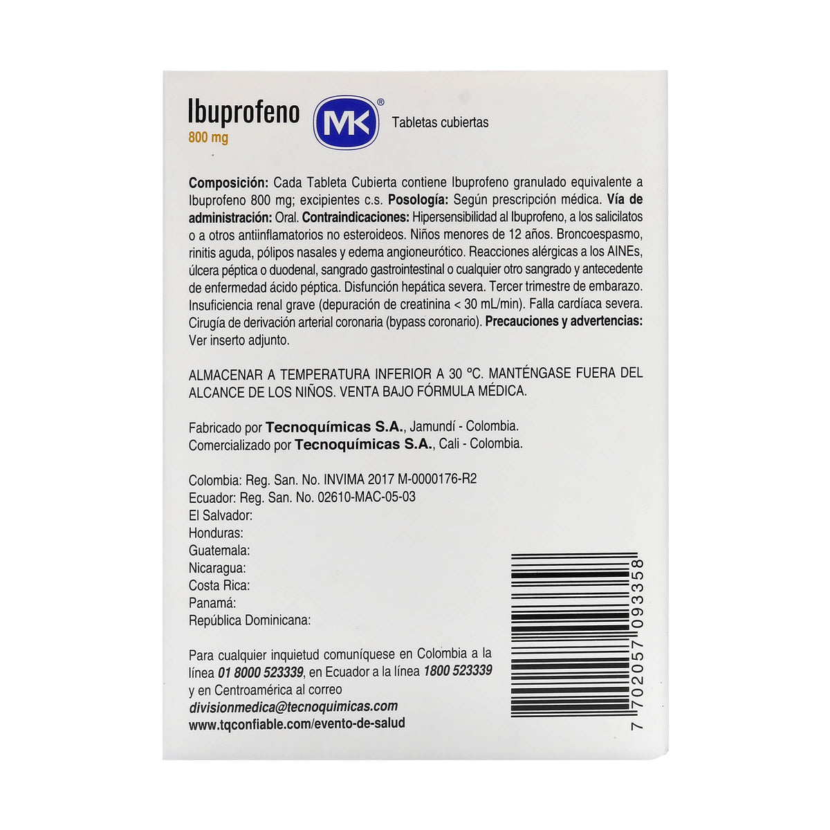 Ibuprofeno 800 Miligramos 30 Tabletas MK
