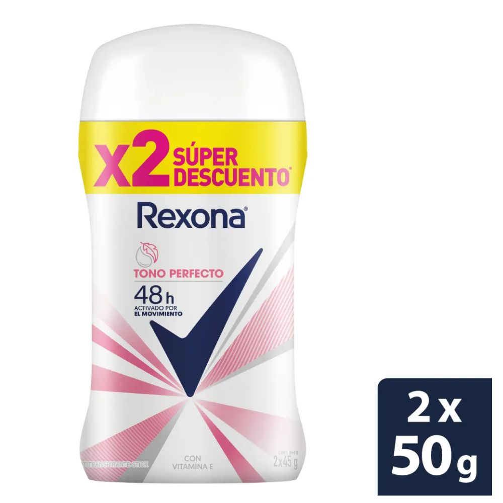2 Desodorantes Rexona Tono Perfecto Stick 45 Gramos Con Descuento