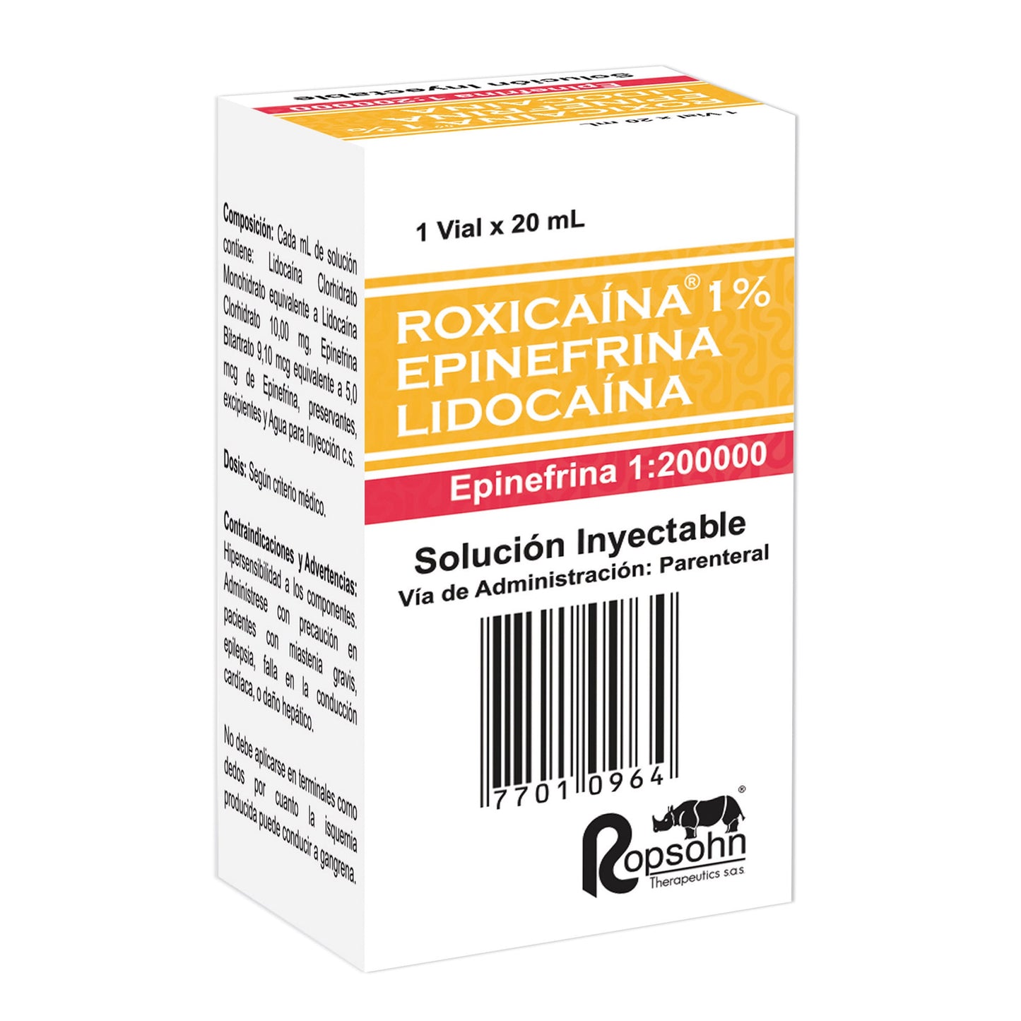 Roxicaina 1% Epinefina 1200 UI 20 ml