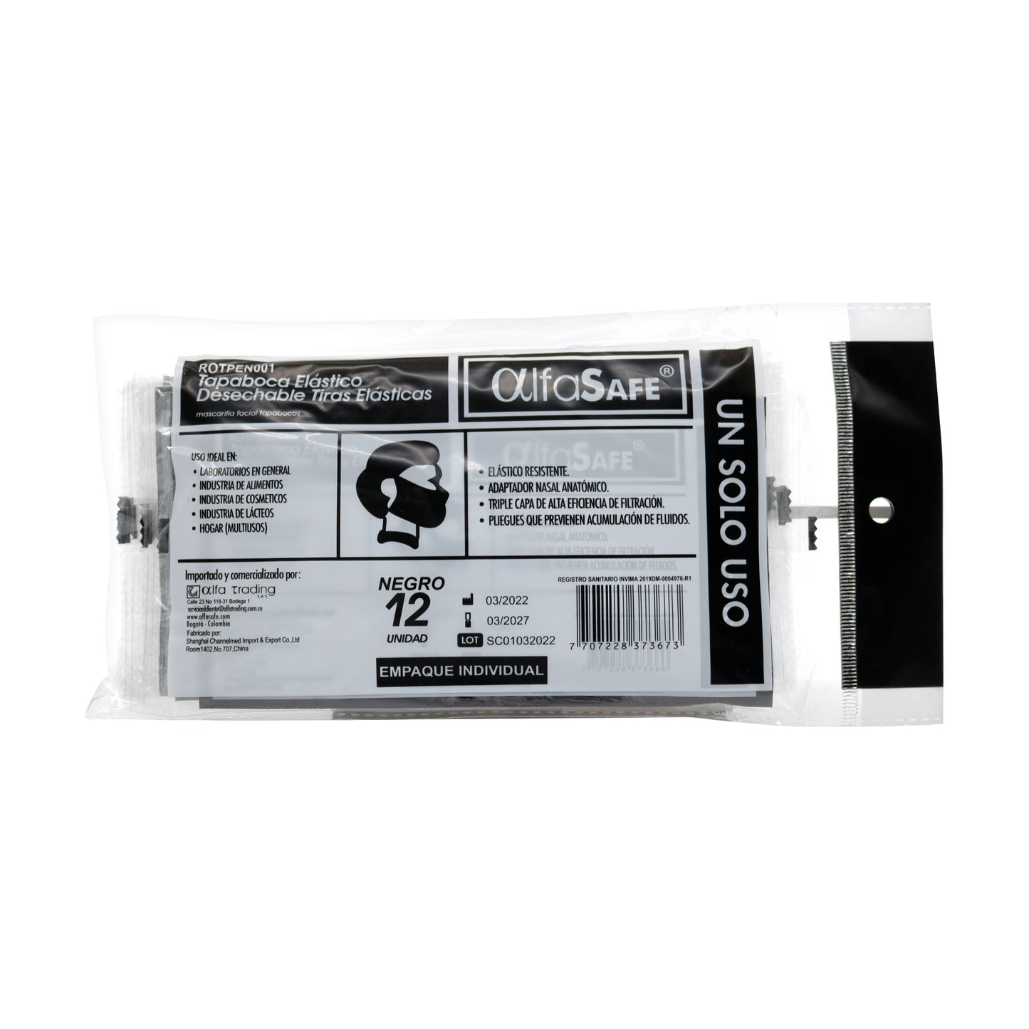 Tapabocas Alfa Negro X 12 Unidad