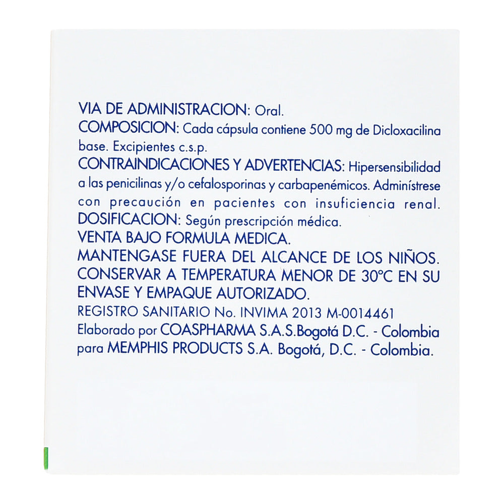 Dicloxacilina 500 Miligramos 50 Cápsulas