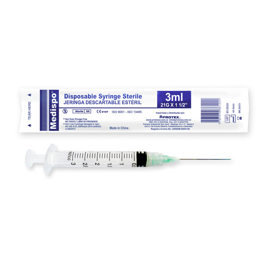 Jeringa Medispo 3 Partes 3 ml 21G x 1 1/2 100 Unidades