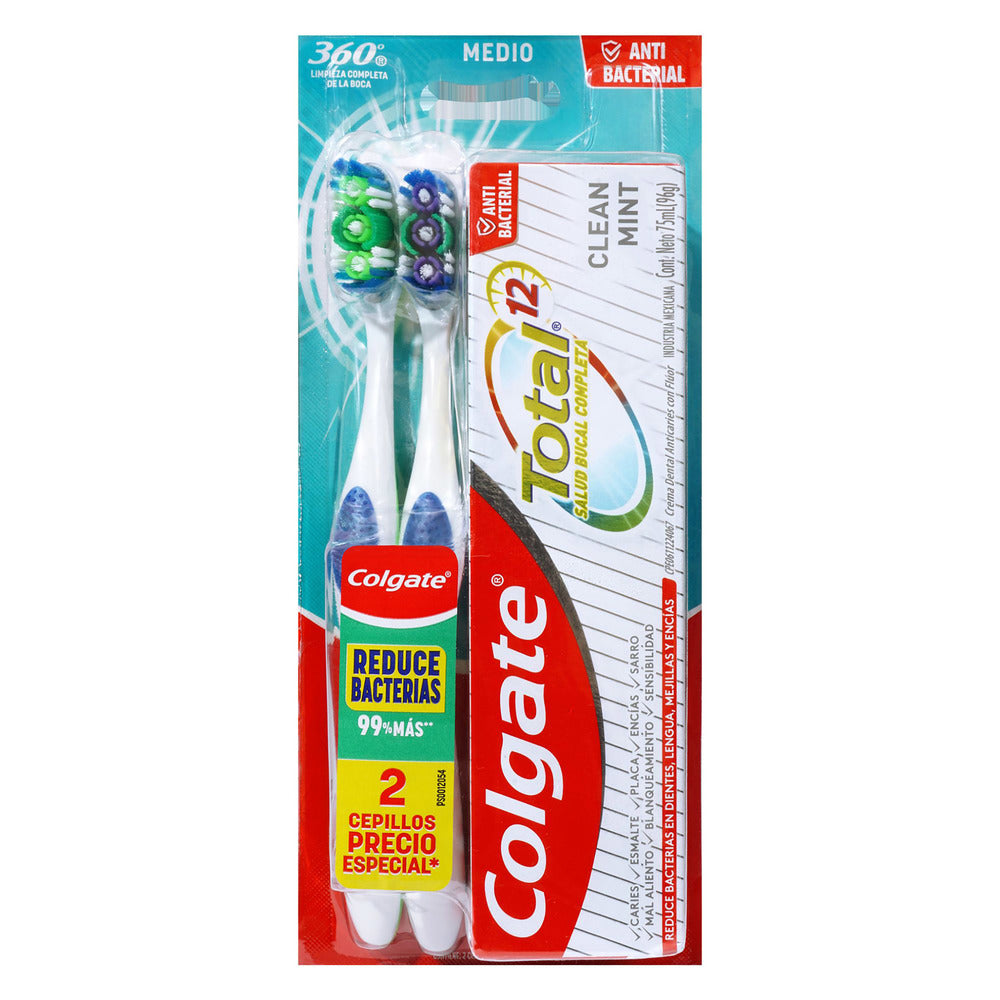 2 Cepillos Colgate 360 Twinpack + Crema Dental Total 75 Mililitros Mediana