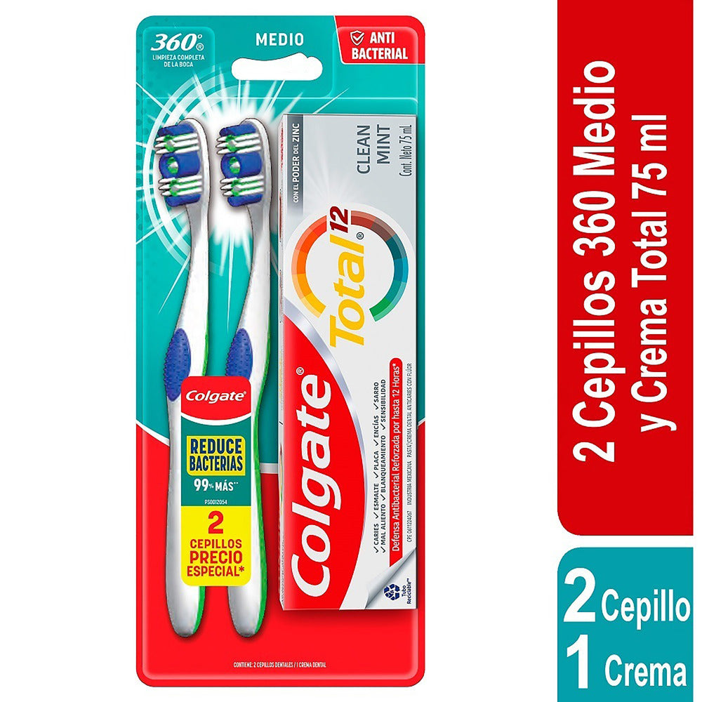2 Cepillos Colgate 360 Twinpack + Crema Dental Total 75 Mililitros Mediana