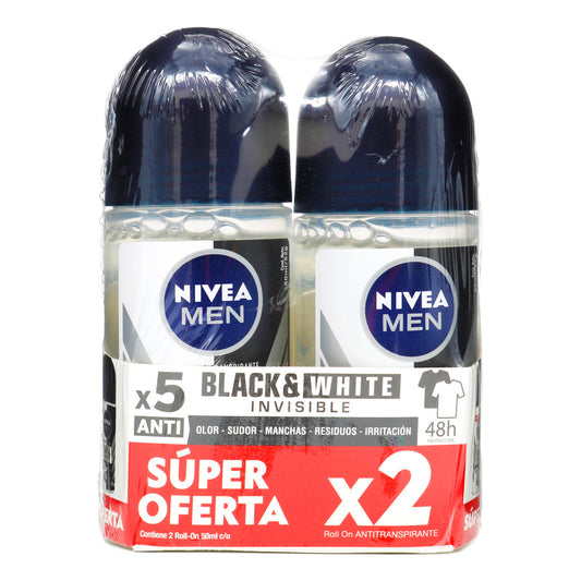 2 Desodorantes Nivea Roll-On Invisible Black White 50ml Hombre