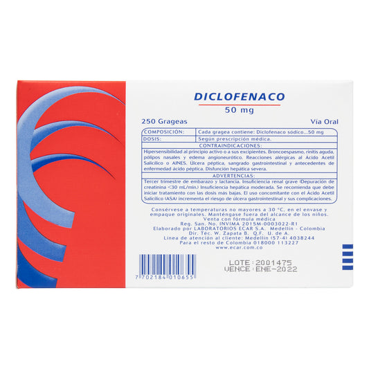 DICLOFENACO 50 MG 250 GRAGEAS ECAR