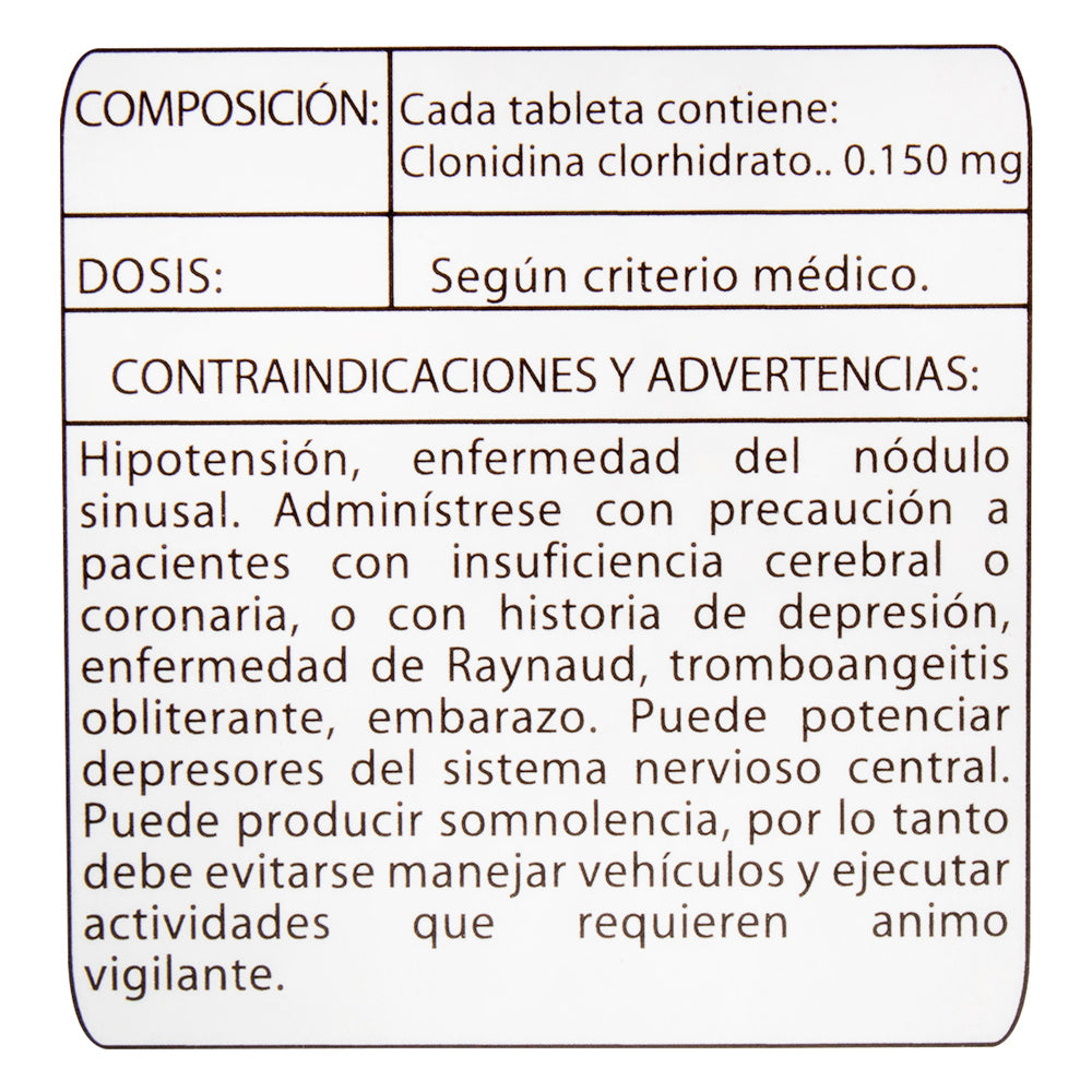 Clonidina 150 Miligramos 20 Tabletas EC