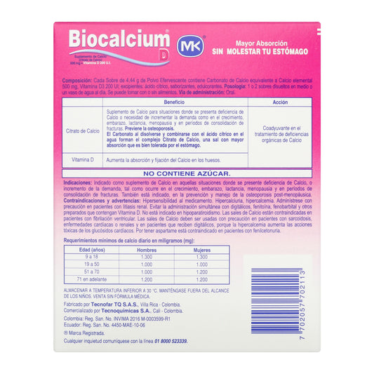 Biocalcium D Polvo 500 Miligramos 60 Sobres Pack Especial
