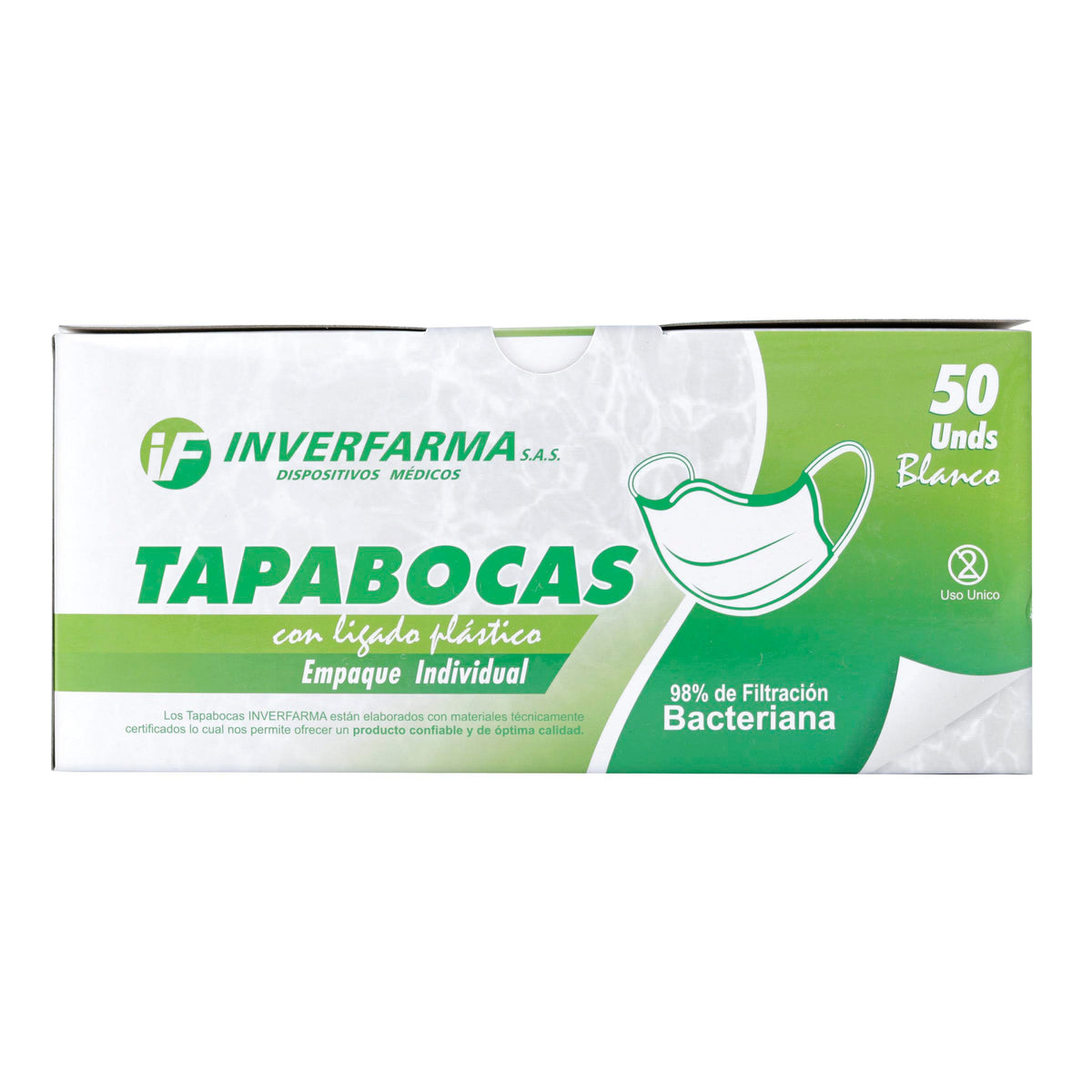 Tapabocas Desechable Inverfarma Blanco 50 Unidades Empaque Individual